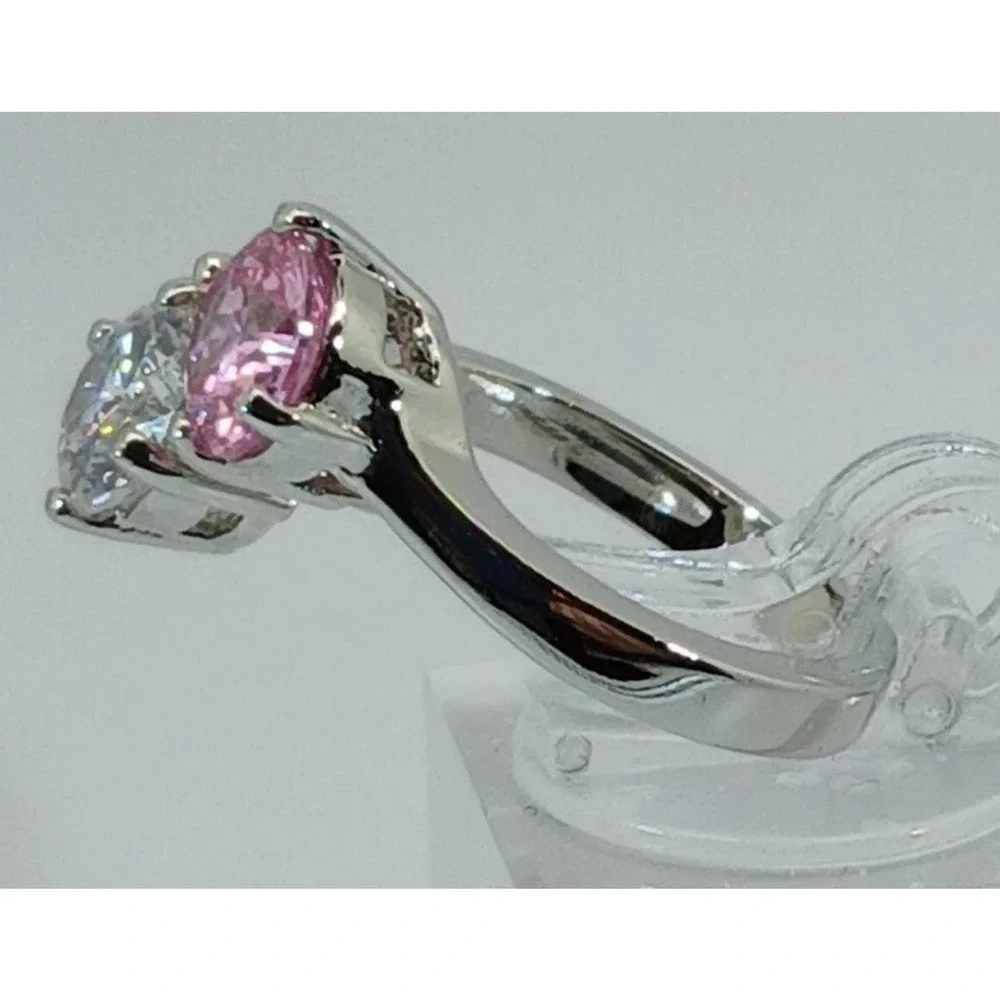 Vintage Toi et Moi 2.0ct Pink and Clear Round Cut Bypass Ring Silver Tone Size 9